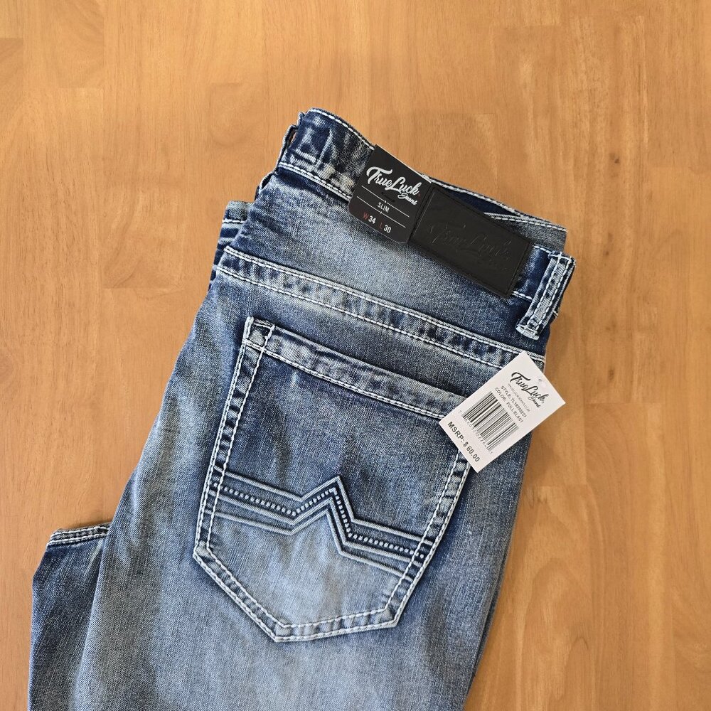 NEW True Luck Slim Fit Jeans Men's Sz 34x30 Embroidered Thick Stitch Stretch NWT